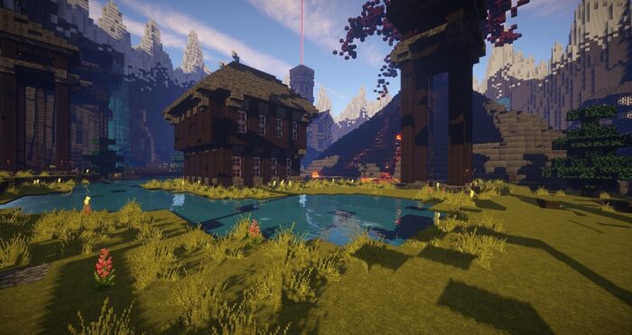 Minecraft Virtual World Game: A landscape with a lake and a few crafted buildings