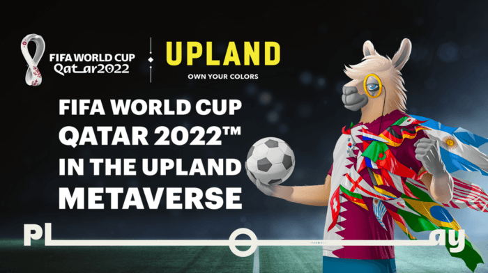 Upland Banner for FIFA World Cup Qatar 2022 featuring the Mascot holding a ball, surrounded by national flags