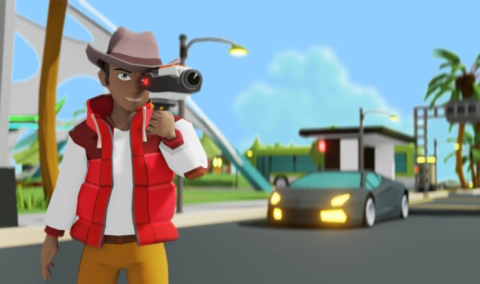 Metaverse VR World avatar wearing a red and white jacket, a gray hat, and yellow trousers holds a camera. A sports car and city street are visible in the background.