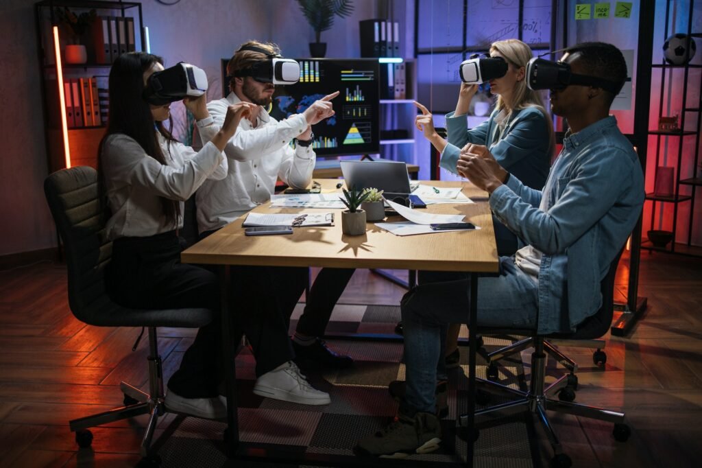 Group of multiracial colleagues having meeting in VR headset