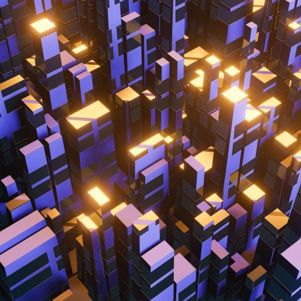 a large group of cubes with lights on them
